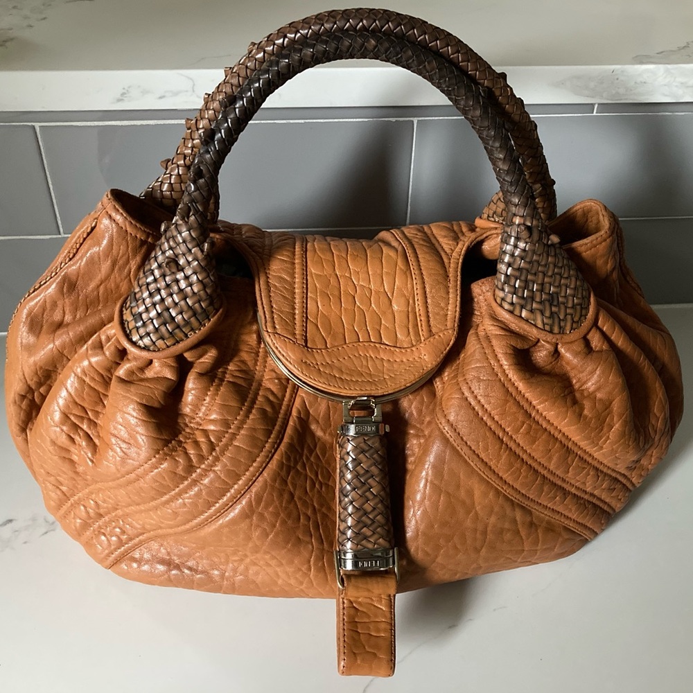 Fendi Spy Bag Cognac Brown Nappa Leather Zucca Logo Lined Large Hobo